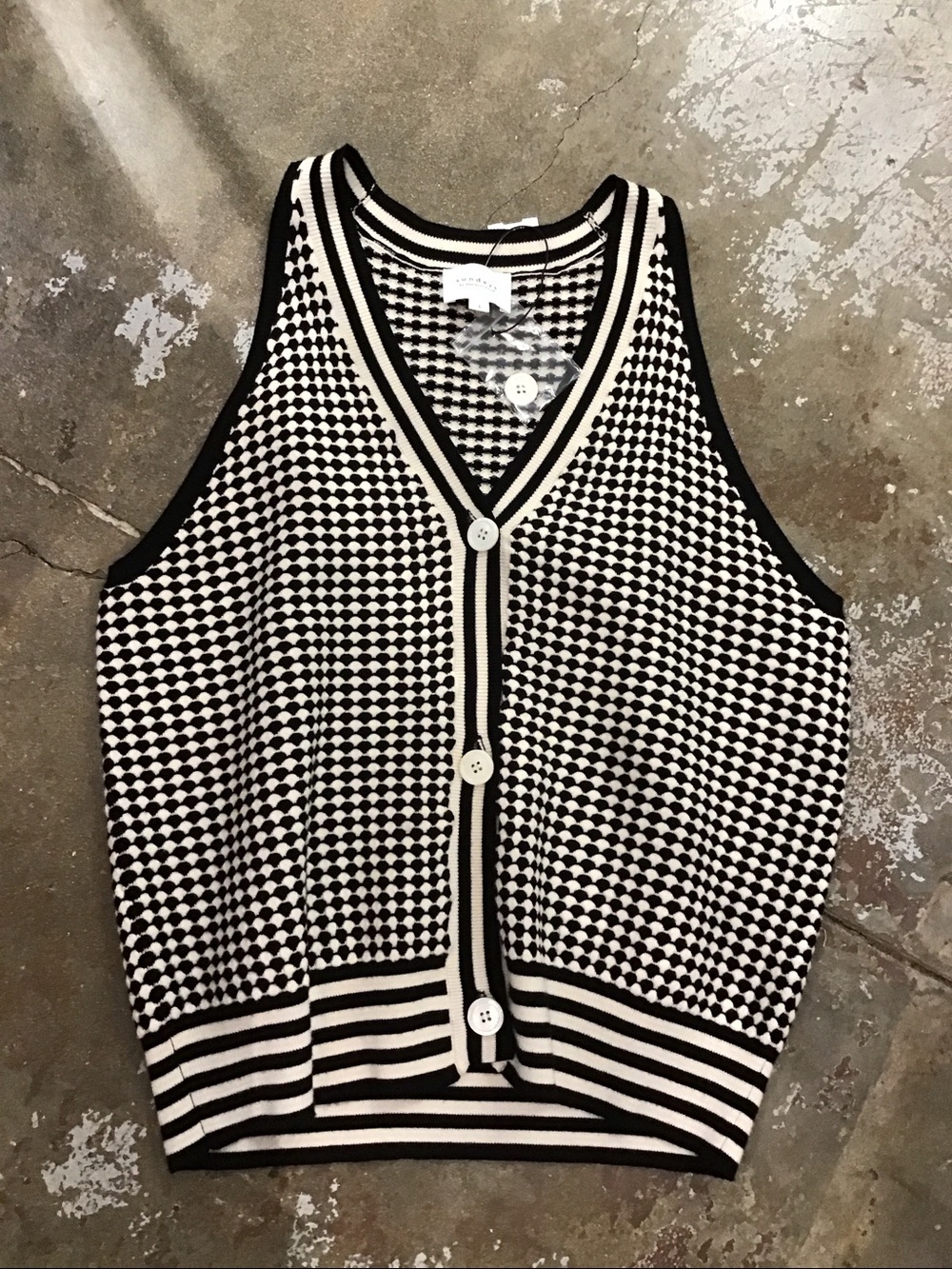 sundays Black and White Geometric Knit Button Vest